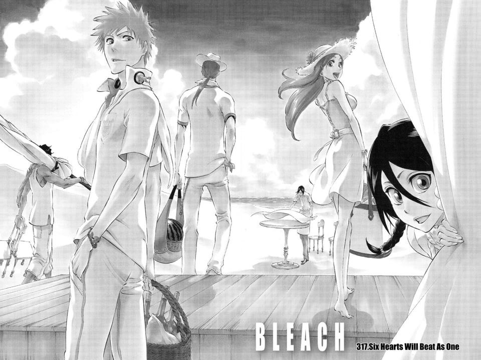 A Bleach title page showing several characters, titled "317.Six Hearts Will Beat As One"