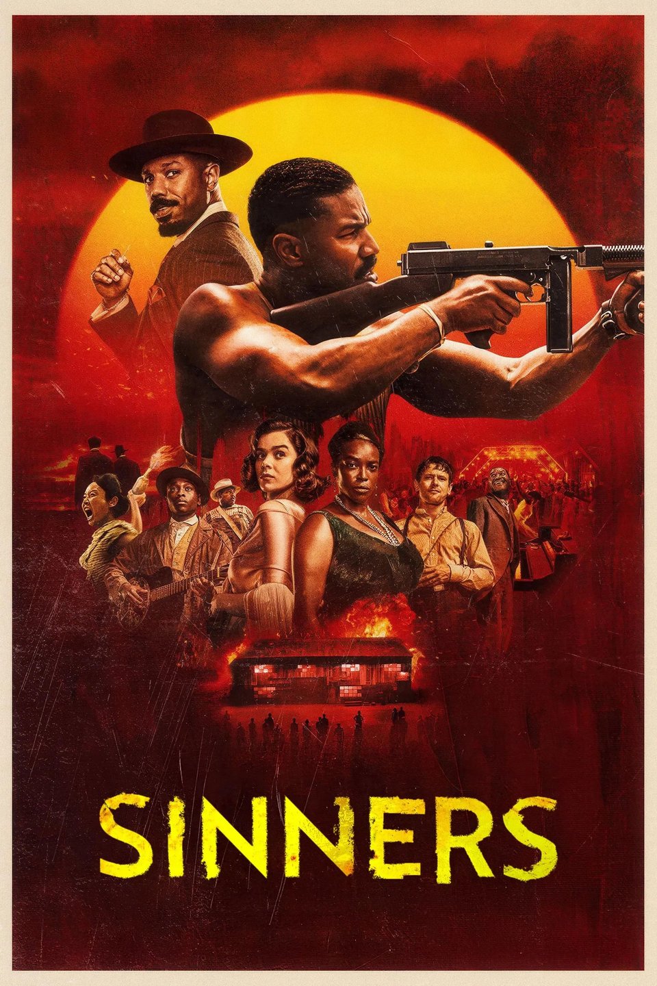 Sinners: The background is a sunset red with a glowing yellow sun; in front, various character are looking at the viewer or away, one with a gun; at the bottom is an image of a low building with silhouettes of many people approaching it.