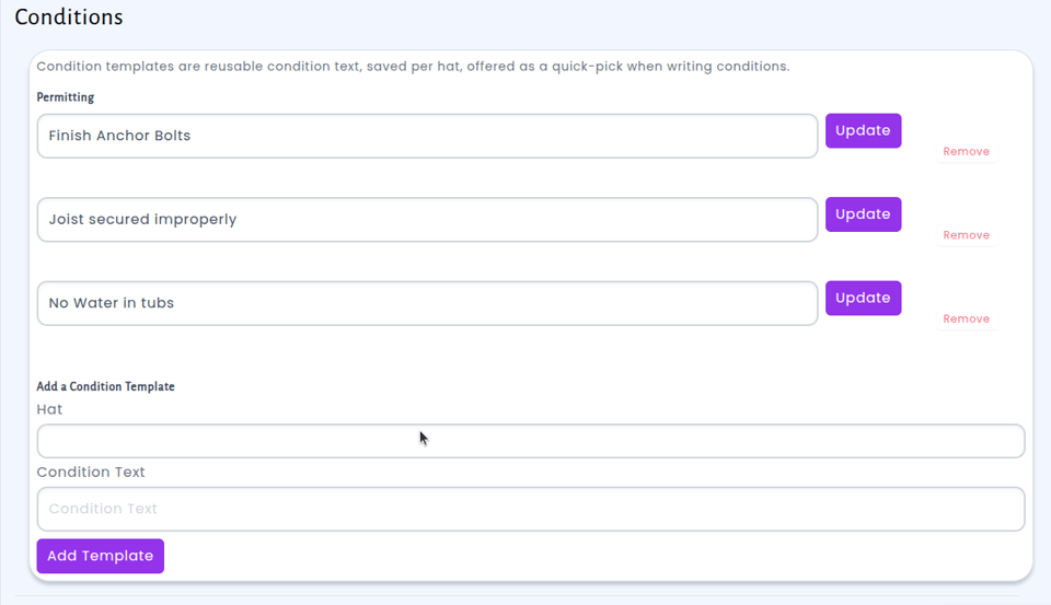 Management area for conditions in user account showing existing conditions that may be updated, added, or removed.