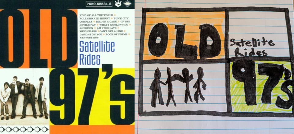 The cover is broken into roughly four quadrants. The upper left reads OLD with an orange background, and the bottom right reads 97's with a yellow background. The lower left is a black and white photo of the band, four white guys, posing a bit goofily for the camera. In the upper right quadrant is a listing of all the songs on the album. The whole cover aesthetic has the feel of something released in the 60s.