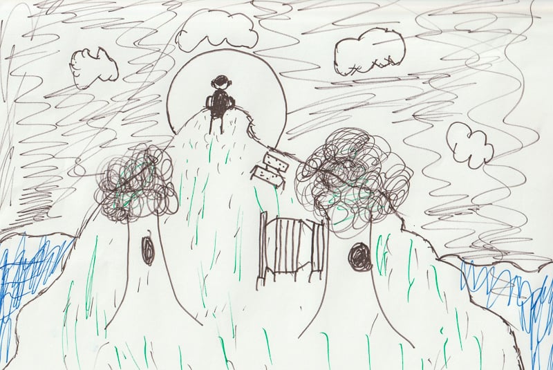 The artist for this little work of art, created with just two thin Sharpies in a hurried 10 minutes during our July Frontenac State Park day with almost 60 wonderful K-6 kids in Hispanic Outreach of Goodhue County’s summer program, blew us away, as did many of the drawings the kids made after being asked to sketch something, anything, they loved in nature. This was an odd but wonderful event. Twice in July , the FSPA had arranged to lead the kids in outdoor walks and activities up at the park, but dangerously hot, humid, smoky weather got in the way. In the end, on a truly infernal and smoky July day, after canceling our outdoor plan for a second time, we led them in nature-oriented activities inside, at Red Wing High School. The kids were so well-behaved, thoughtful and imaginative in response to our modest art and nature assignments. So grateful for them, and for Hispanic Outreach of Goodhue County! / Sketch by Dominic, a K-3 student in Red Wing schools, photographed by Pamela Miller