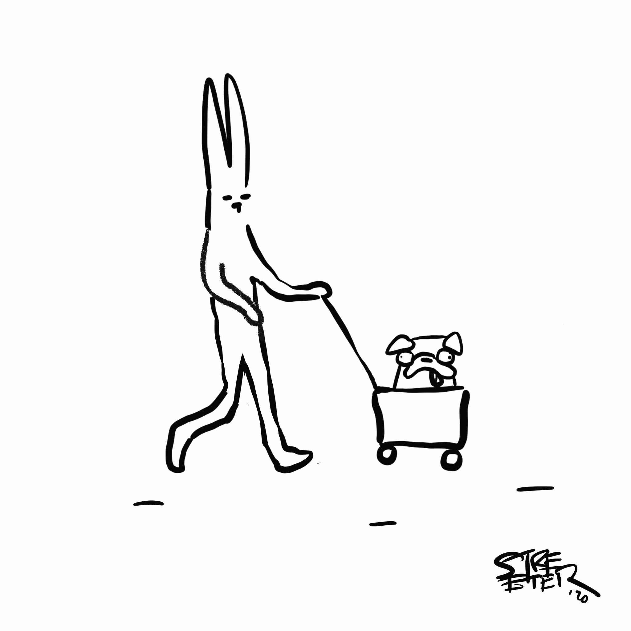 Animation of goofy walking bunny with goofy dog