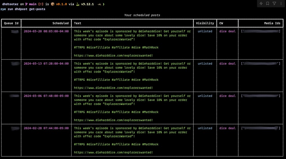 The output of the get-posts subcommand showing a table of four scheduled posts