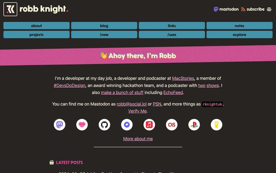 The home page with the navigation at the top showing links to the about, blog, links, notes, projects, now, uses, and explore pages.