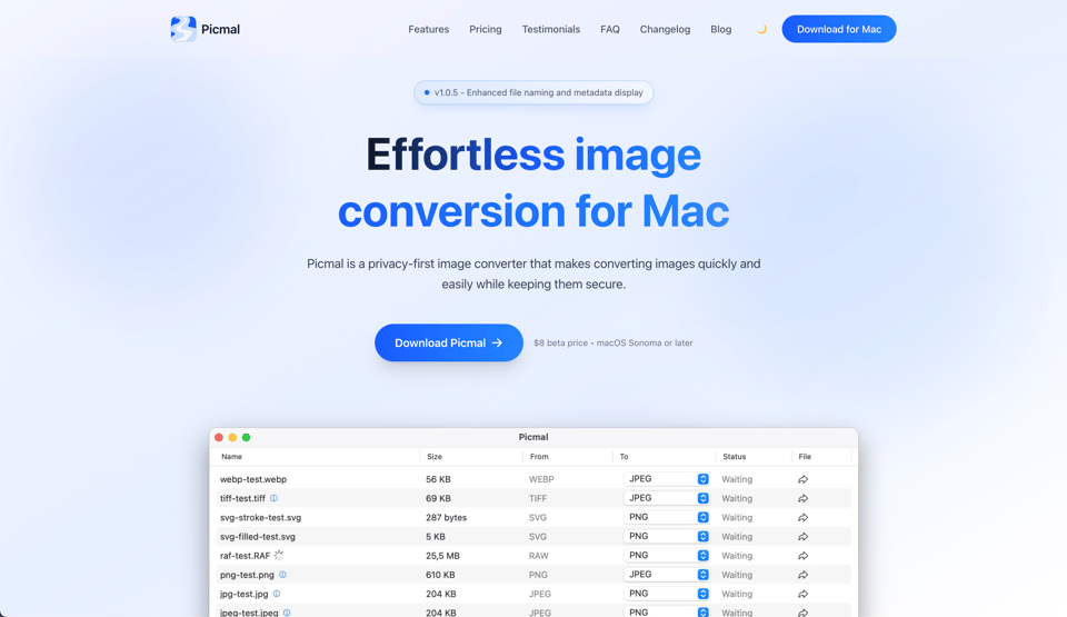 Picmal landing page