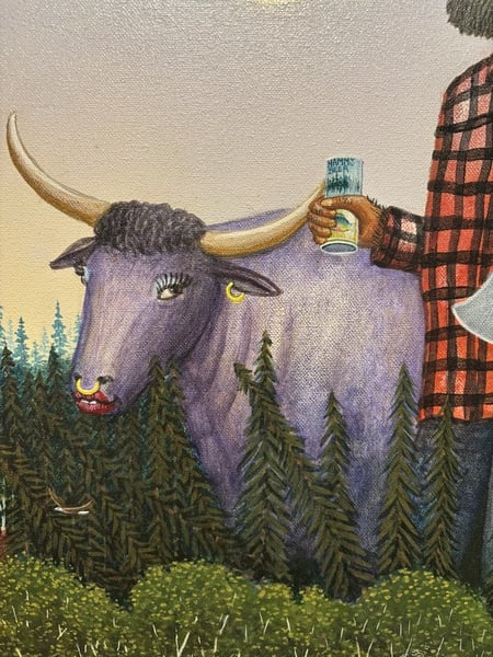 Part of a painting: a giant blue ox towers above a forest. Also in the painting, a hand is visible, holding a Hamm's beer.