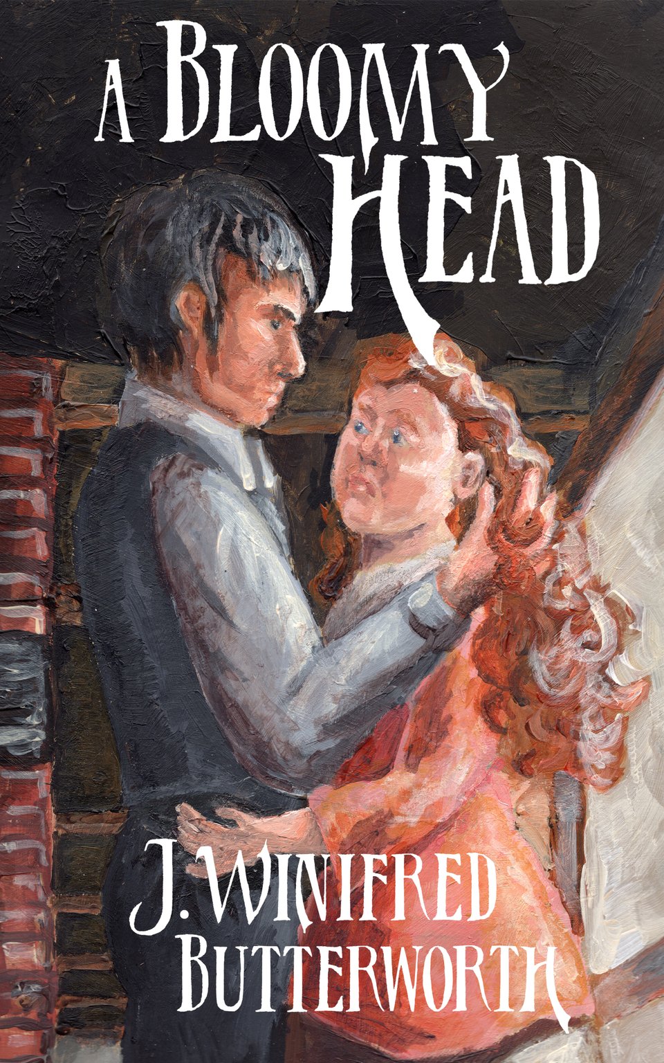 a romance novel cover, A BLOOMY HEAD by J. WINIFRED BUTTERWORTH. The cover image is a dark-haired man wearing a light shirt and a dark waistcoat embracing a red-haired woman with a round, worried face, wearing a short orange-pinky bedcoat over her skirt.