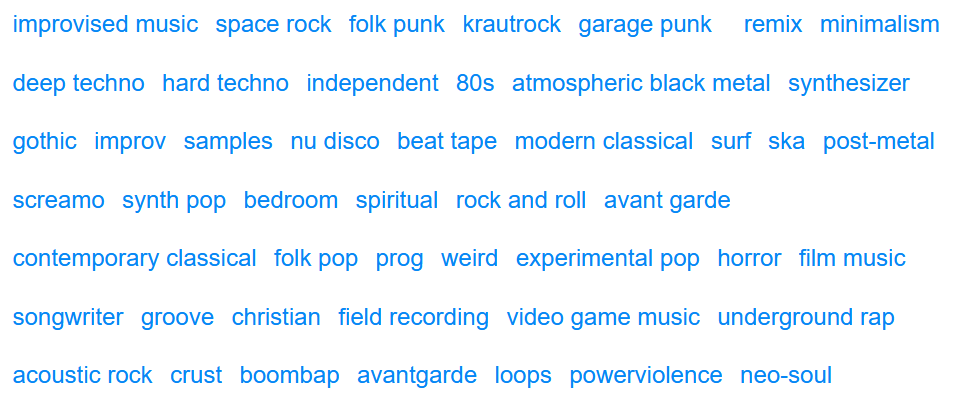 Various searchable subgenre tags on Bandcamp