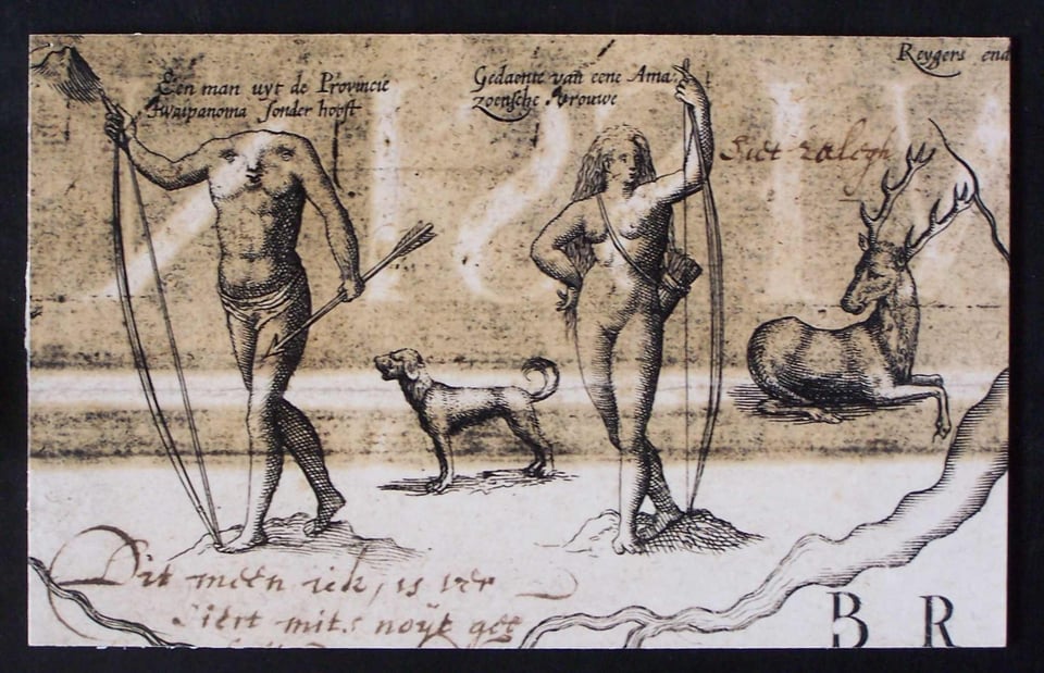 A detail from a discoloured printed map (brown stripes going across it) showing two elegant standing figures. On the left is a man with no head, with his face in his chest, wearing a small covering around his waist. On the right is a naked, long-haired woman. Both figures carry bows an arrows. A small dog stands between them; a seated stag is to the right of the woman. A red oval stamp appears between the woman and the stag. There are two manuscript annotations in brown ink in a seventeenth-century hand.