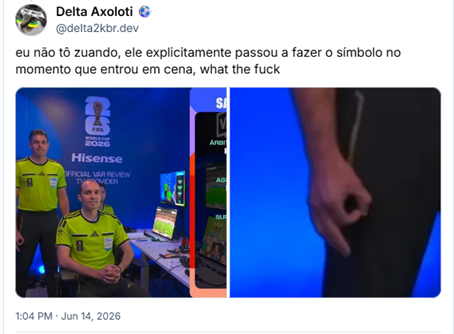 Post de Delta Axoloti ⚽️ (‪@delta2kbr.dev‬): eu não tô zuando, ele explicitamente passou a fazer o símbolo no momento que entrou em cena, what the fuck
(duas imagens, a primeira do árbitro australiano de pé, fazendo o sinal e, a outra, um close up na mão e sinal feitos)