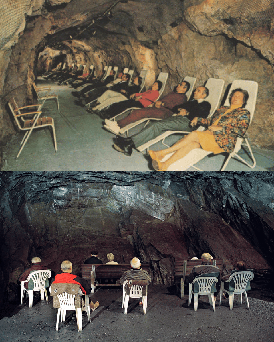 two images of (older) people lounging on plastic chairs in caves