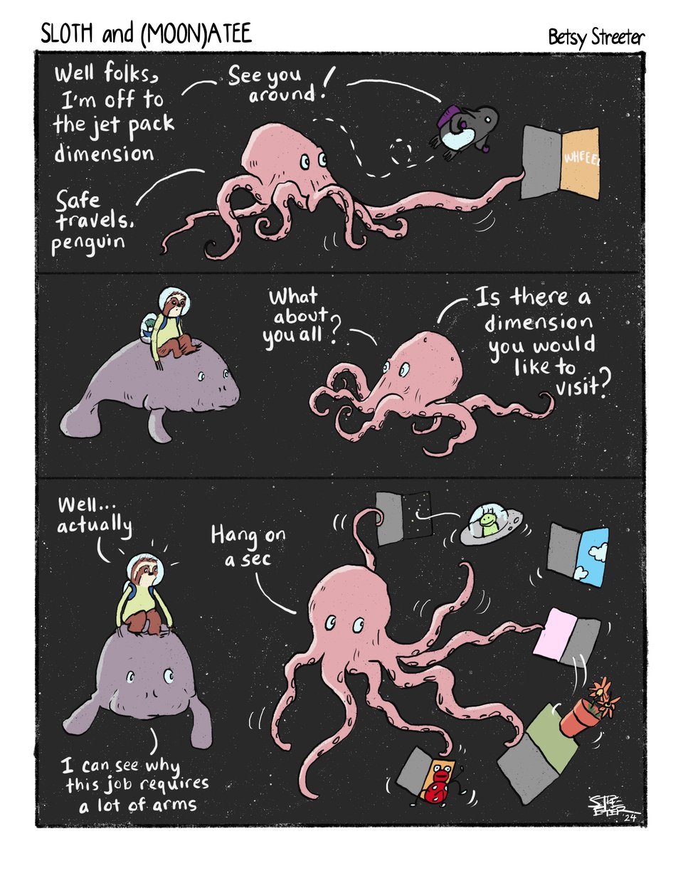 Sloth and Manatee comic in which Octopus is managing the Inter-Dimensional Bloop