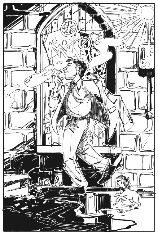 The digital pencils for the film poster, depicting a man and a dog on a street in the dark.