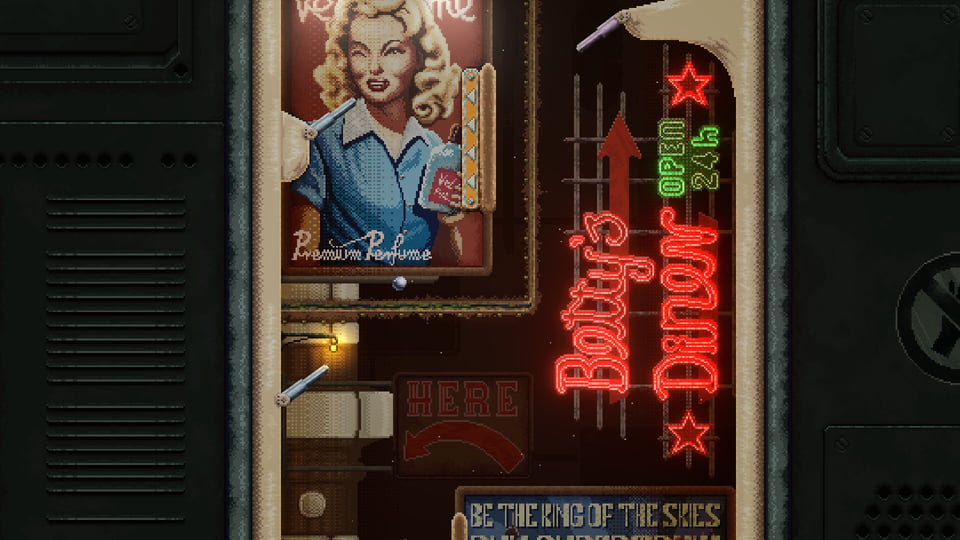 A screenshot of the pinball videogame FlippUp, where you see pinball flippers within a playfield. Prominently, there is a retro artwork of a Marilyn Monroe-style female character and a lettering which says "Betty's Diner".