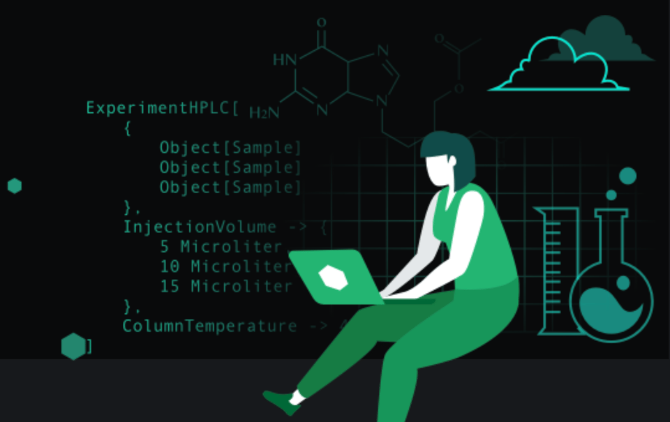 A scientist sits with a laptop while code is projected in the background