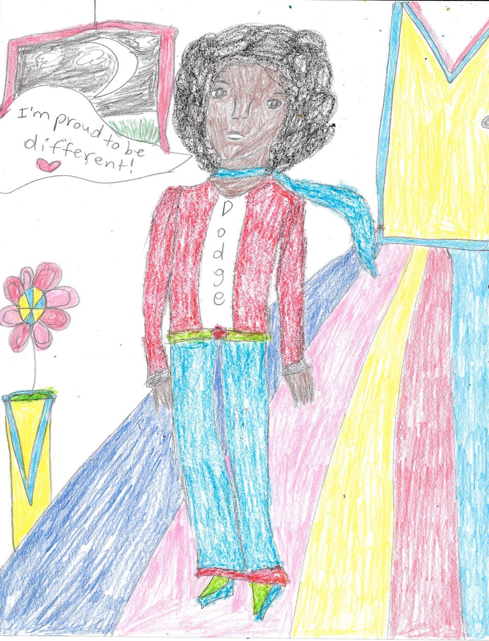An image of a young Black man with an afro and a proud smile on his face. He wears a red jacket and blue jeans, with his name "Dodge" on a white shirt. As he stands on a rainbow-colored floor, a speech bubble near him says, "I'm proud to be different!".