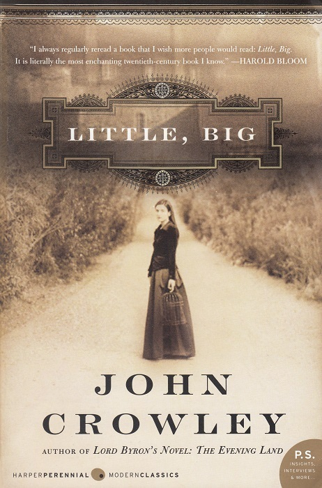 The cover of Little, Big by John Crowley is sepia toned and shows a woman standing in a road.
