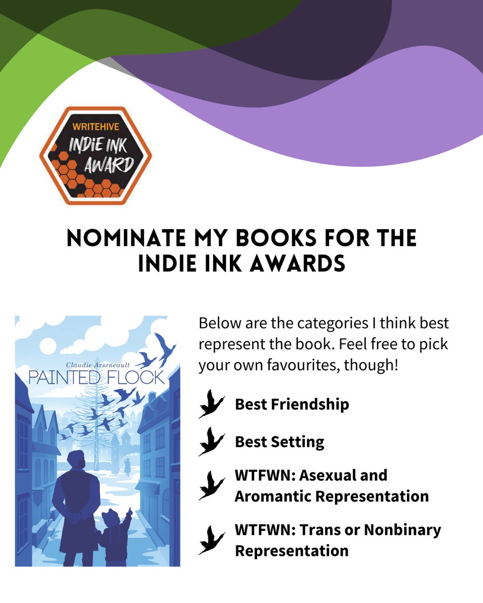 Nominate my books for the Indie Ink Awards – Painted Flock. Below are the categories I think best represent the book. Feel free to pick your own favourites, though! Best Friendship, Best Setting, WTFWN: Asexual and Aromantic Representation, WTFWN: Trans or Nonbinary Representation.
