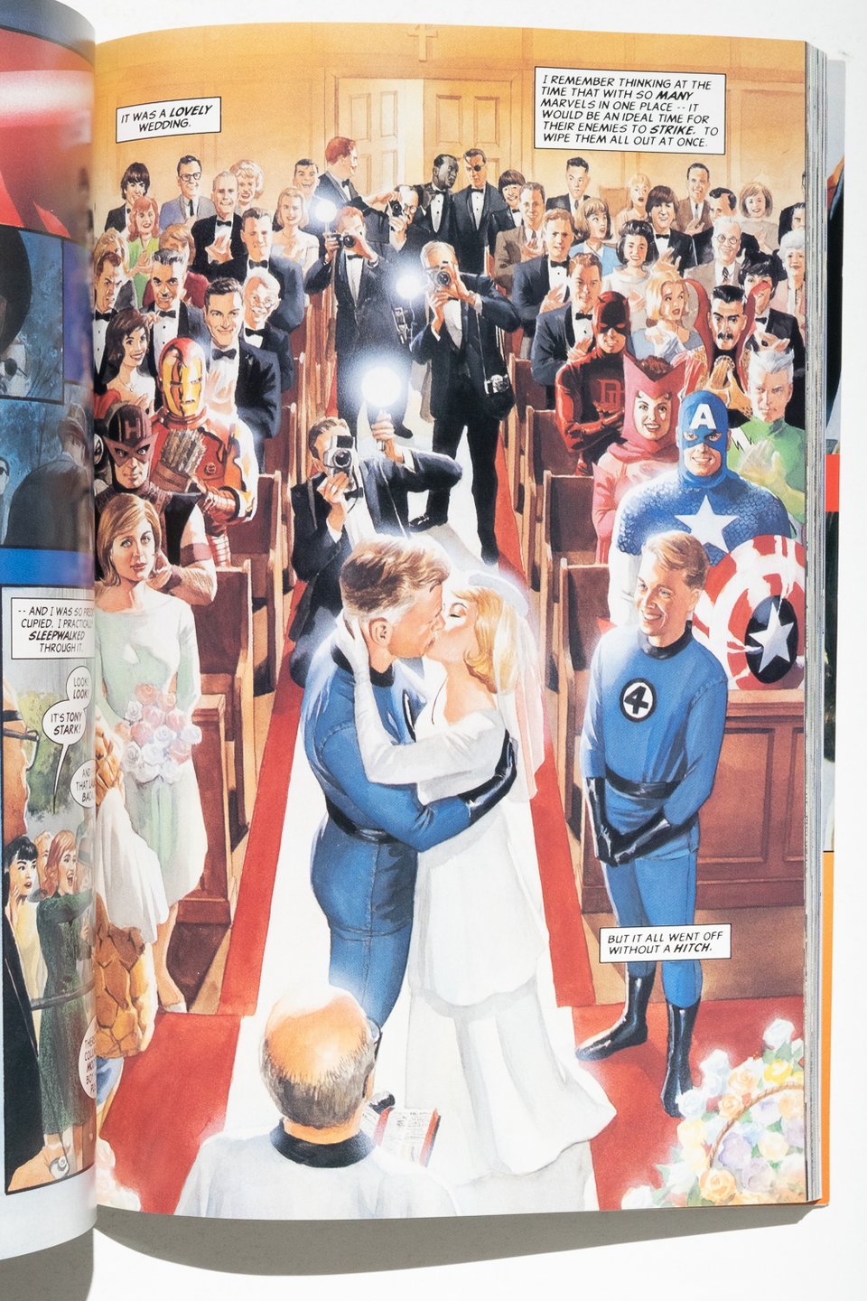 a page from "Marvels" showing the wedding of Reed and Sue of the Fantastic Four. The crowd is full of superheroes and celebrities from the 1960s.