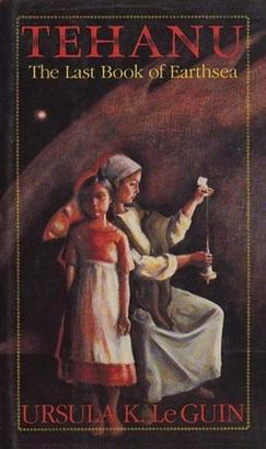 Cover of Le Guin's Tehanu, featuring a painting of a woman spinning and a young girl