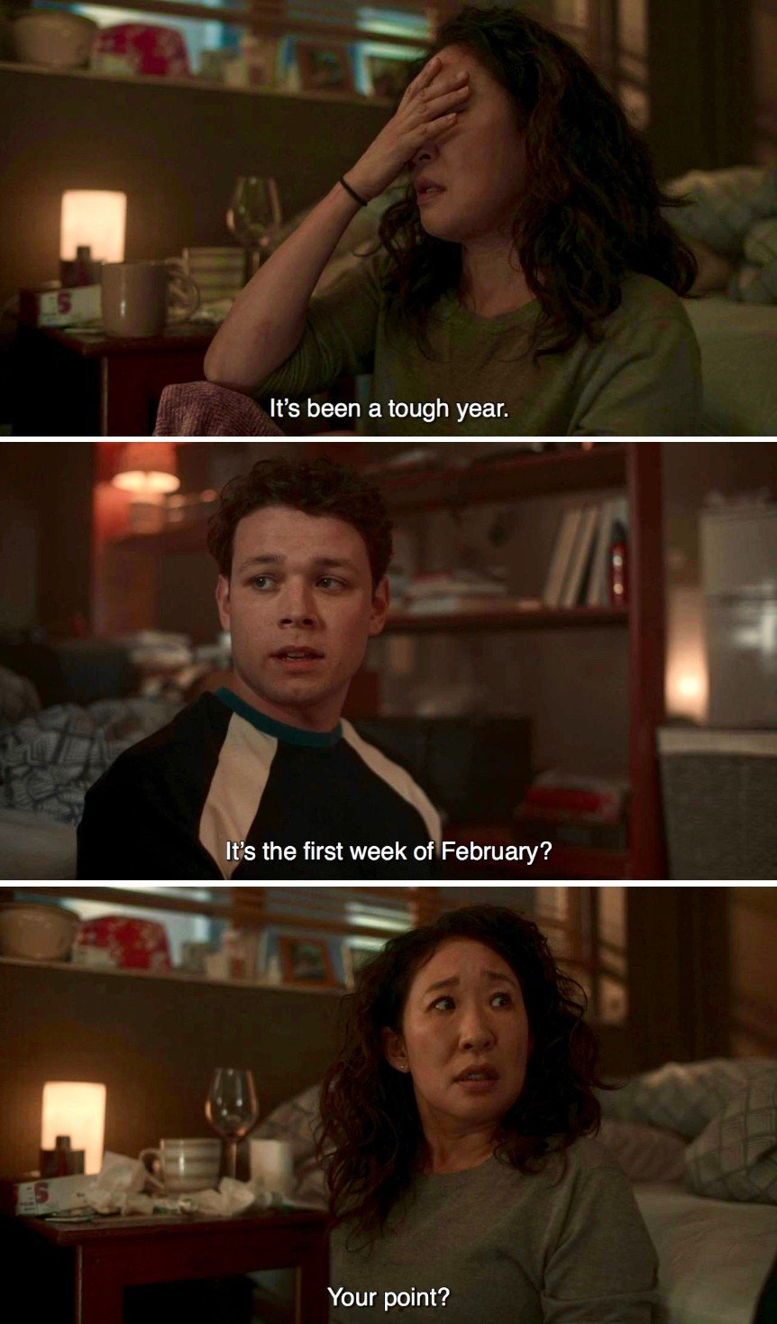 A screengrab from Killing Eve in which Sandra Oh's character Eve says,