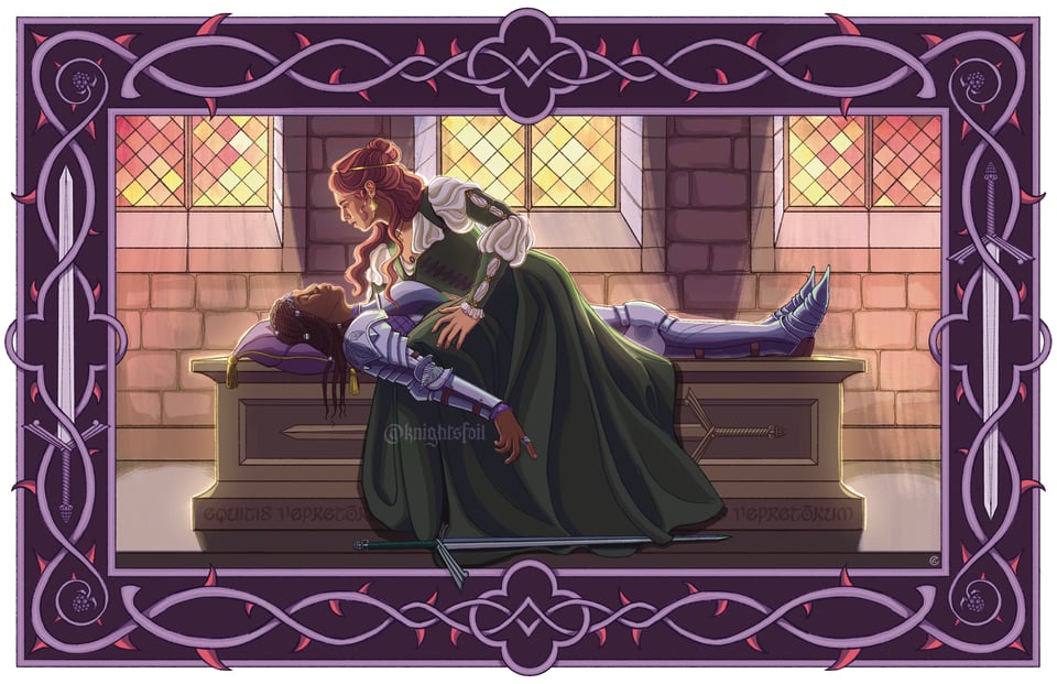Digital illustration based on Sleeping Beauty. A lady knight appears to be asleep, while a princess leans over her, crying. She is about to kiss the knight. The image is surrounded by an ornate frame of stylized blackberry thorns and swords.