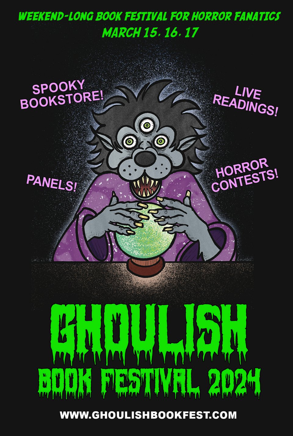 Front artwork for promo post card depicting a werewolf fortune teller