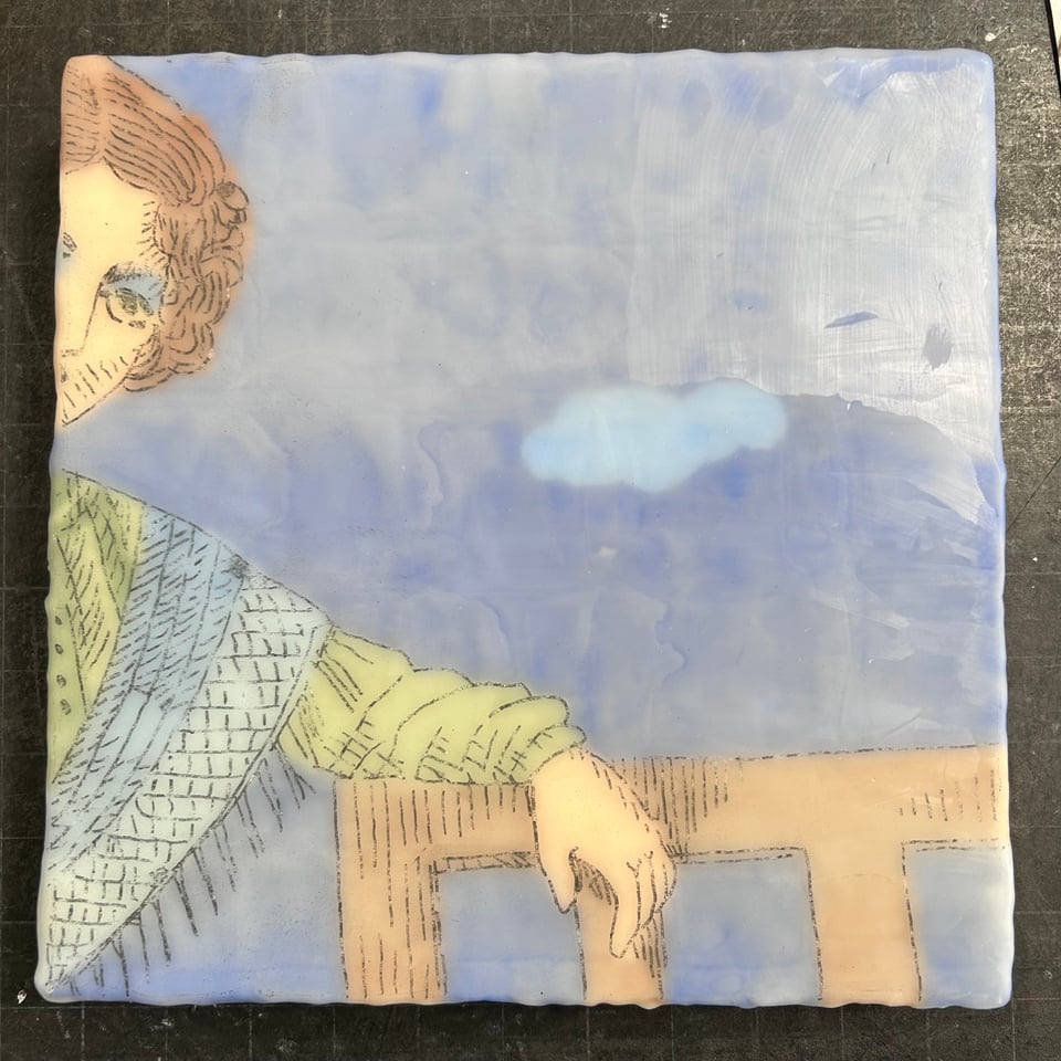 Detail of a painting in progress showing a woman wearing a shawl leaning her arm on a bench.