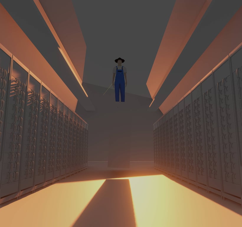 a low poly farmer man standing on a rectangle in a 3d space