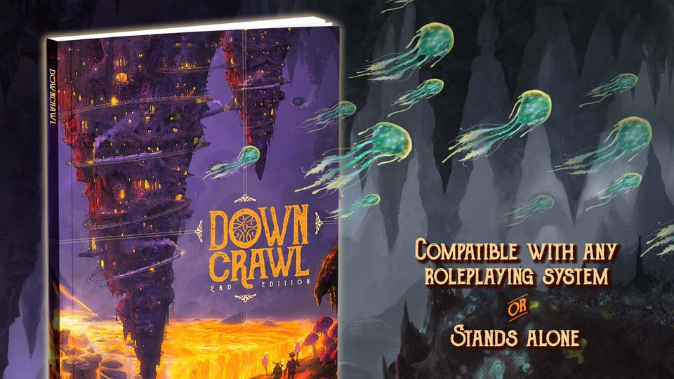 Image of the Downcrawl 2E cover, along with the note "Compatible with any roleplaying system, or stands alone."