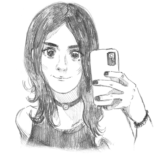 pencil portrait of a woman with long brown hair and big eyes. She’s wearing a tank top and a choker. She’s holding her phone like she’s taking a selfie