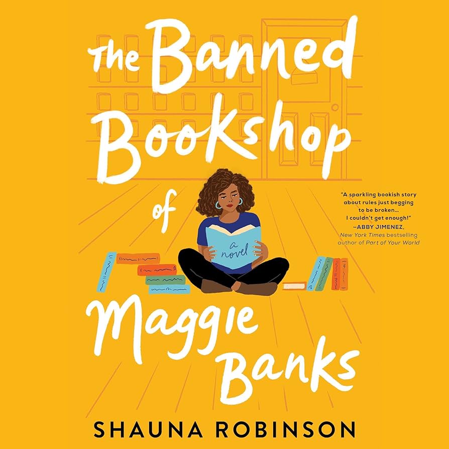 Audiobook cover image for the rom-com novel The Banned Bookshop of Maggie Banks by Shauna Robinson.