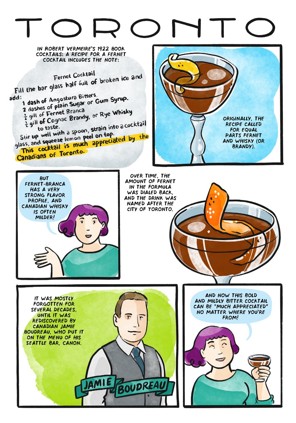 In Robert Vermeire’s 1922 Book Cocktails: a recipe for a Fernet Cocktail includes the note:
“this cocktail is much appreciated by the Canadians of Toronto”
Originally, the recipe called for equal parts fernet and whisky (or brandy).
But Fernet-Branca has a very strong flavor profile, and Canadian whisky is often milder!
Over time, the amount of fernet in the formula was dialed back, and the drink was named after the city of Toronto.
It was mostly forgotten for several decades, until it was rediscovered by Canada native Jamie Boudreau, who put it on the menu of his Seattle bar, Canon.
And now this bold and mildly bitter cocktail can be much appreciated no matter where you’re from!