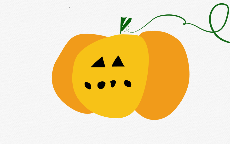 A jaunty jack o'lantern with a wispy vine and dots instead of a smile