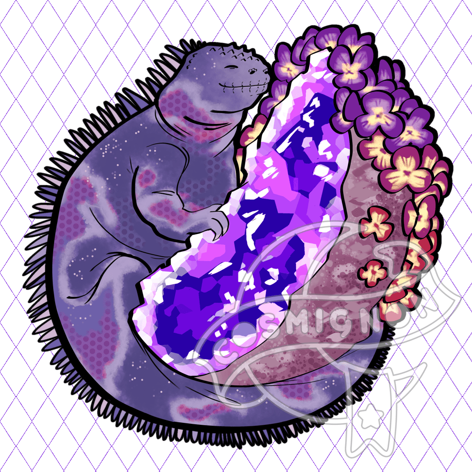 An illustration of a marine iguana perched on a large amethyst geode. The geode is decorated in violets and primroses.