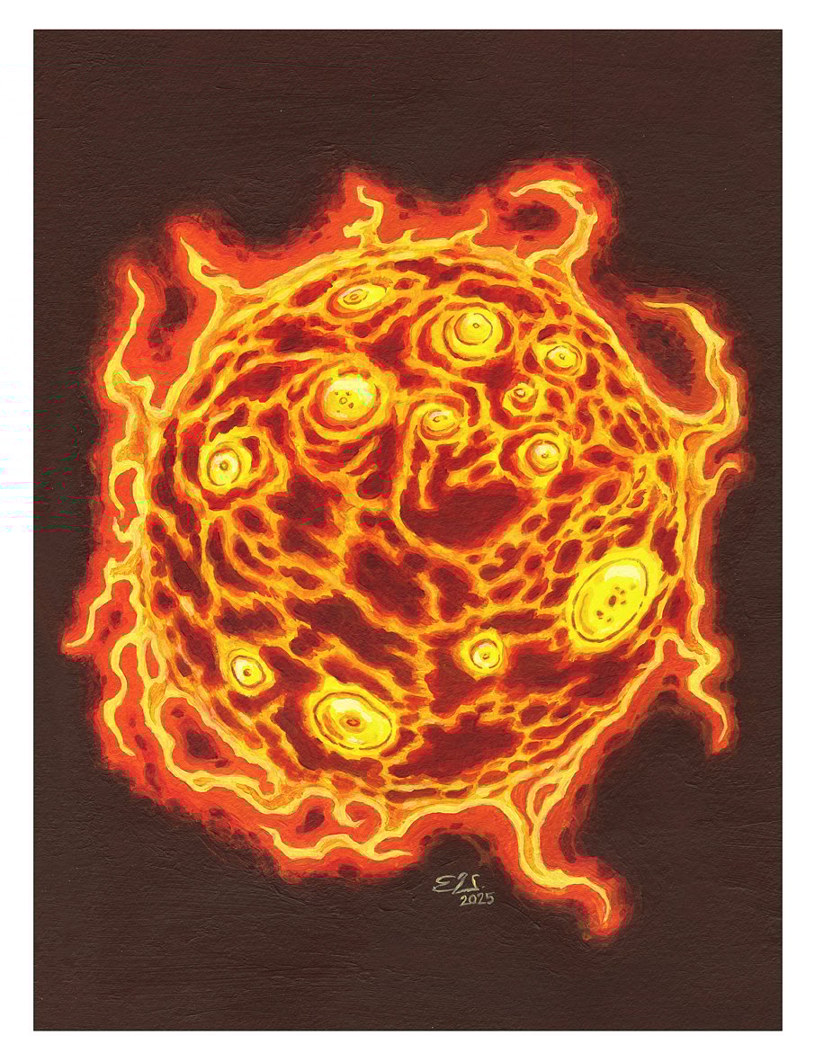 An acrylic painting of the sun, but it has several bulging eyes of different sizes. There are small fiery solar flares bursting out of all sides of it.