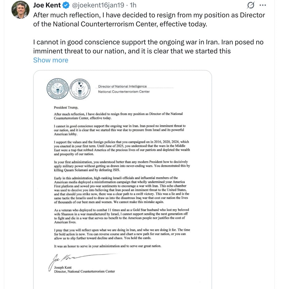 What Joe Kent wrote on X.