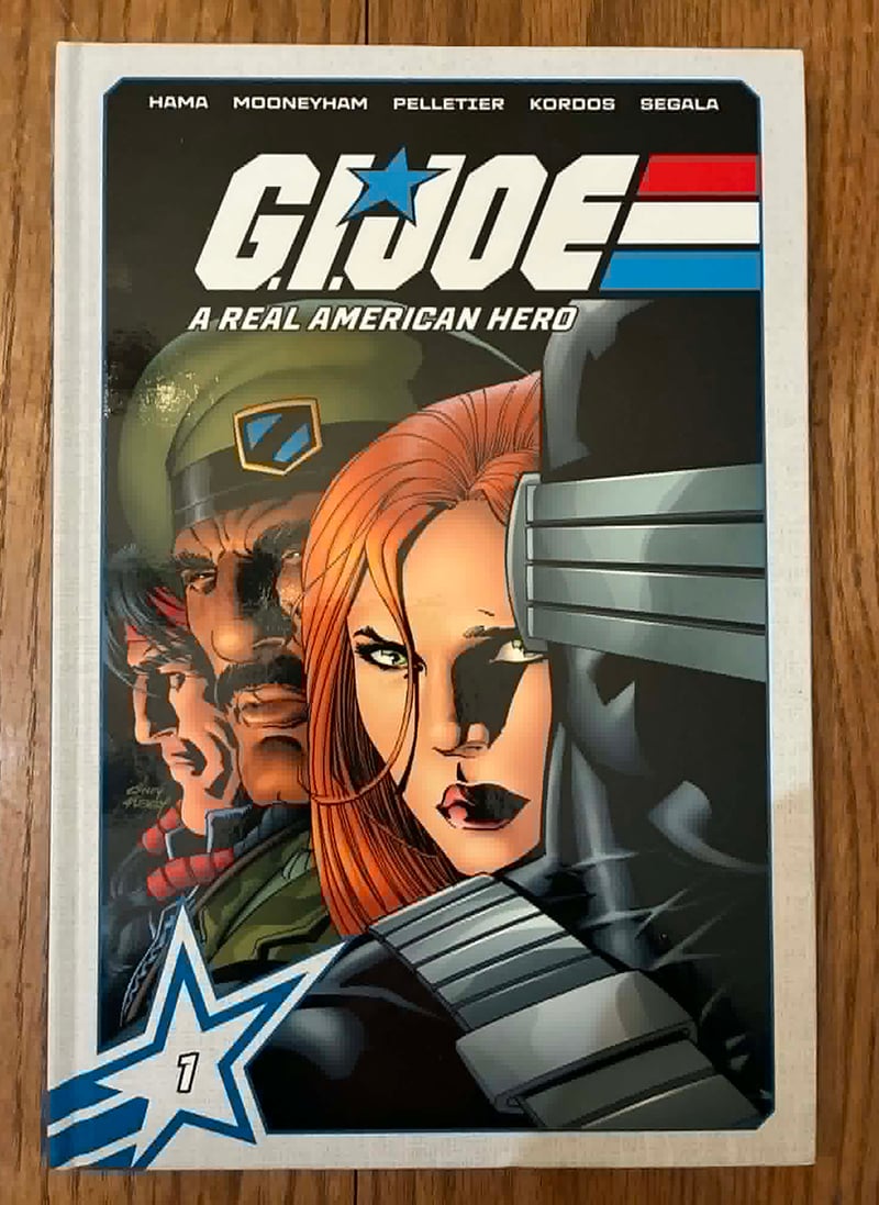 A photo of the handsome GI Joe hardcover sitting on my table. The cover image features a close-up shot on the faces of Snake Eyes, Scarlett, Stalker, and Spirit.