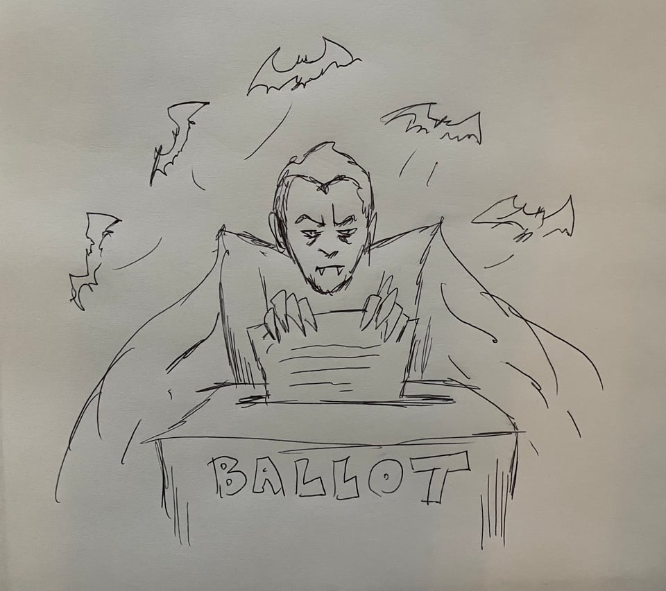 A rough sketch of a vampire surrounded by bats placing their voting form in a ballot box