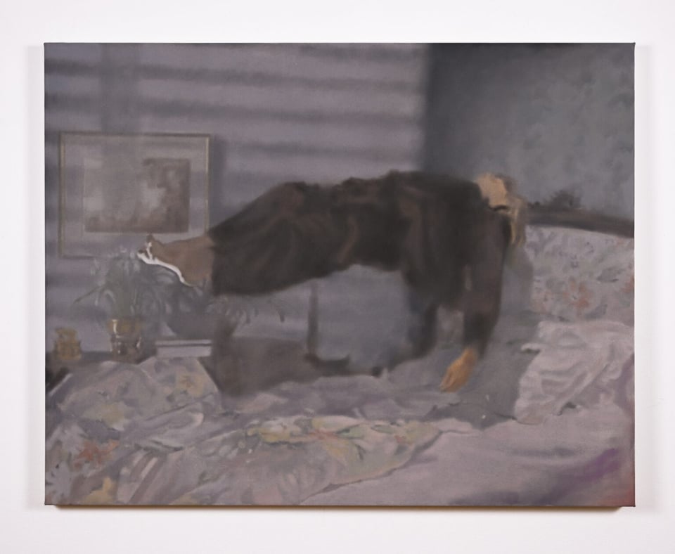 A very gray, diaphanous-appearing oil painting depicts a figure in black pajamas levitating above a bed. The bedding and headboard feature a faint floral pattern.