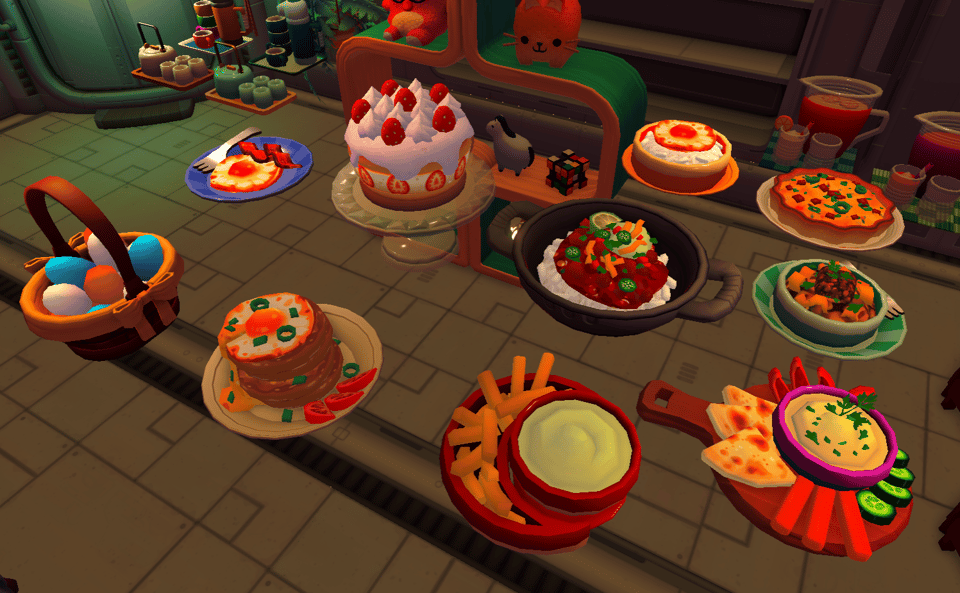 Various food items spread out on a table.