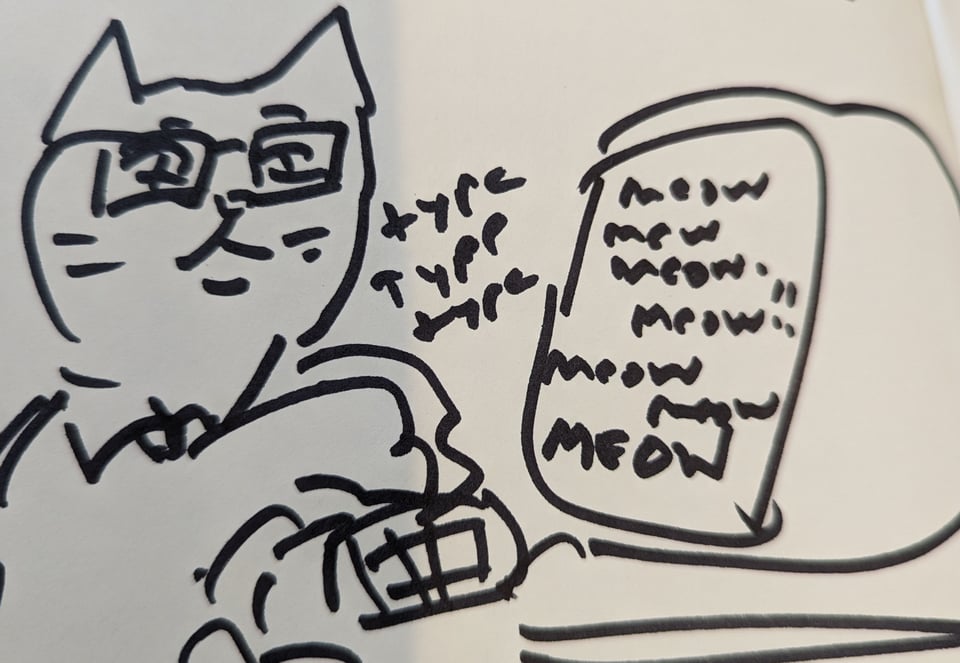Cat wearing square glasses types with "type type type" sound effects on a keyboard in front of a computer screen that reads "meow meow meow meow!! Meow meow MEOW"