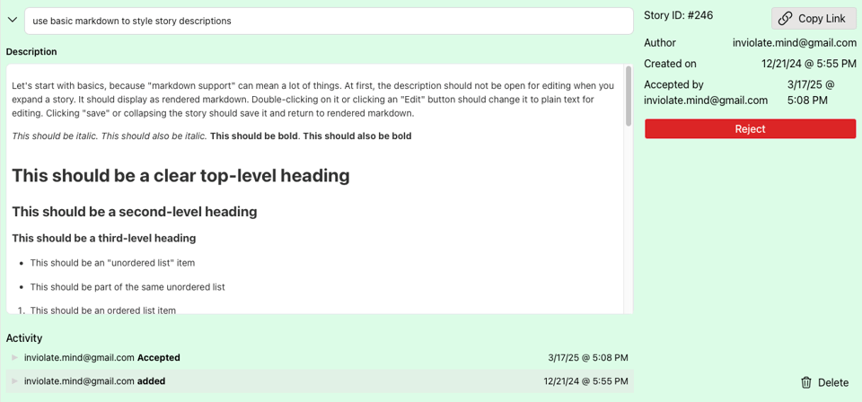 A screenshot showing a story card with markdown tests