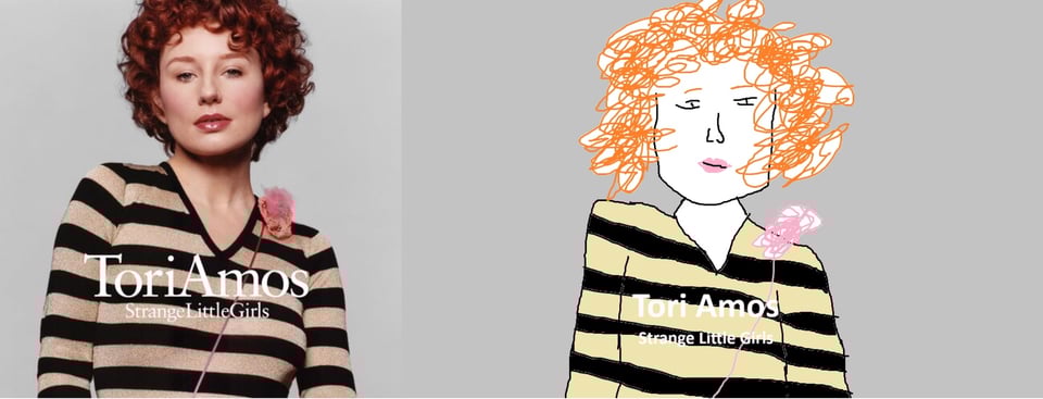 Tori Amos, a white woman with short curly red hair. She wears a black and white striped long sleeve shirt with a pink rose pinned to one shoulderblade.