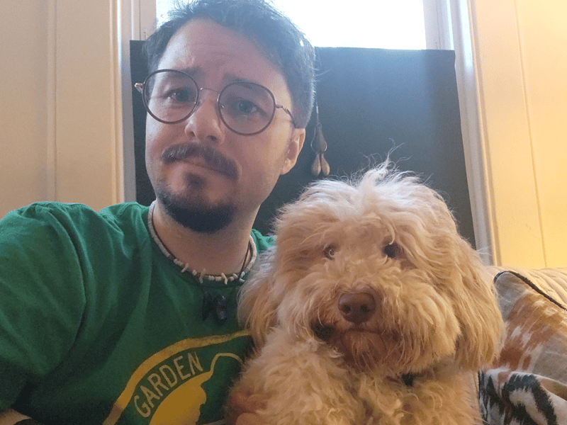 A man and a dog.
