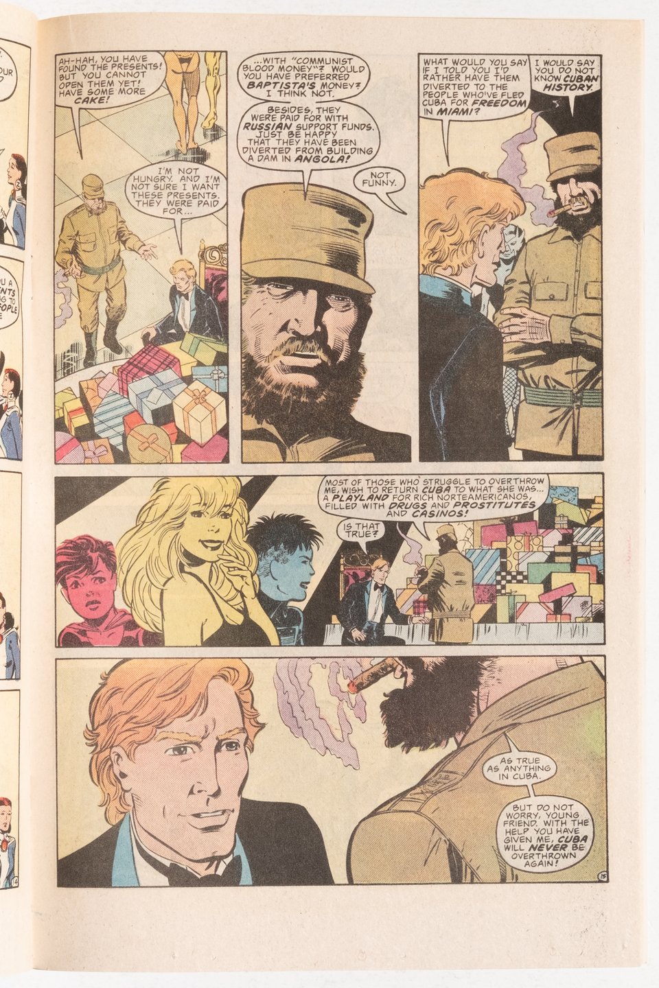 page from the Flash of Wally West talking to Castro at a birthday party. Maggie, Hopey and Penny from Love and Rockets cameo in the middle panel