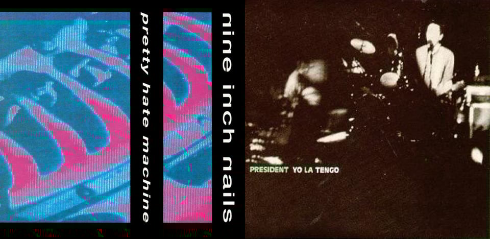 First pic: A digitized photgraph of some kind of machinery. It kinda looks like "Predator Vision" but the colors are blue and pink. It could be the wheelwell of a motorcycle? Maybe an engine? A close up of an indoor fan? No idea. Second pic: A black and white still of Yo La Tengo in concert, showing a white guy playing guitar and a woman on drums, but the still is, I think, being warped and burned as if caught in a projector. I think. I could not find a good, large version of this picture, so I'm working from a very small one, and my 53 year old eyes can only do so much.