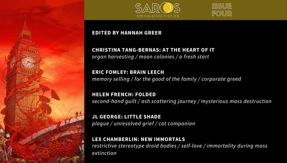 Edited by Hannah Greer

“At the Heart of It” by Christina Tang-Bernas: organ harvesting / moon colonies / a fresh start

“Brain Leech” by Eric Fomley: memory selling / for the good of the family / corporate greed

“Folded” by Helen French: second-hand guilt / ash scattering journey / mysterious mass destruction

“Little Shade” by JL George: plague / unresolved grief / cat companion

“New Immortals” by Lex Chamberlin: restrictive stereotype droid bodies / self-love / immortality during mass extinction