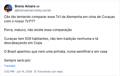 Post de Breno Amaro 🇧🇷 (@brenoamaro.bsky.social): Cês tão tentando comparar esse 7x1 da Alemanha em cima de Curaçao com o nosso 7x1??? Porra, maluco, não existe essa comparação
Curaçao tem 529 habitantes, não tem tradição nenhuma e tá descabaçando em Copa
O Brasil apanhou que nem uma pinhata, numa semifinal e em casa
Sempre será pior