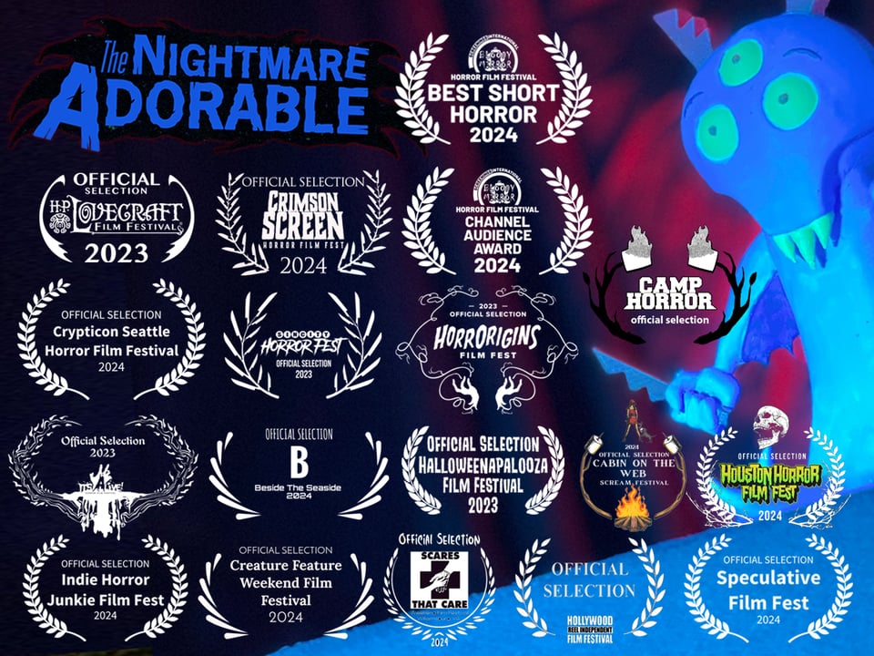 A cute monster surrounded by laurels from film festivals